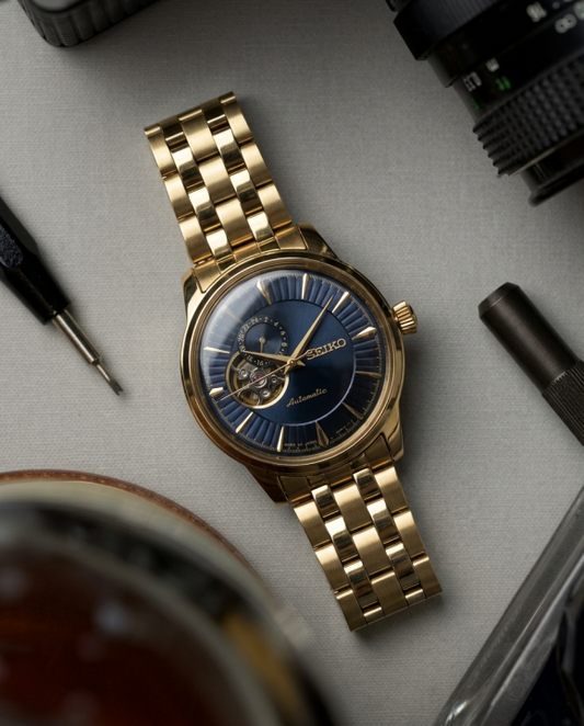 Seiko Presage Cocktail Time Open Heart Automatic gold blue