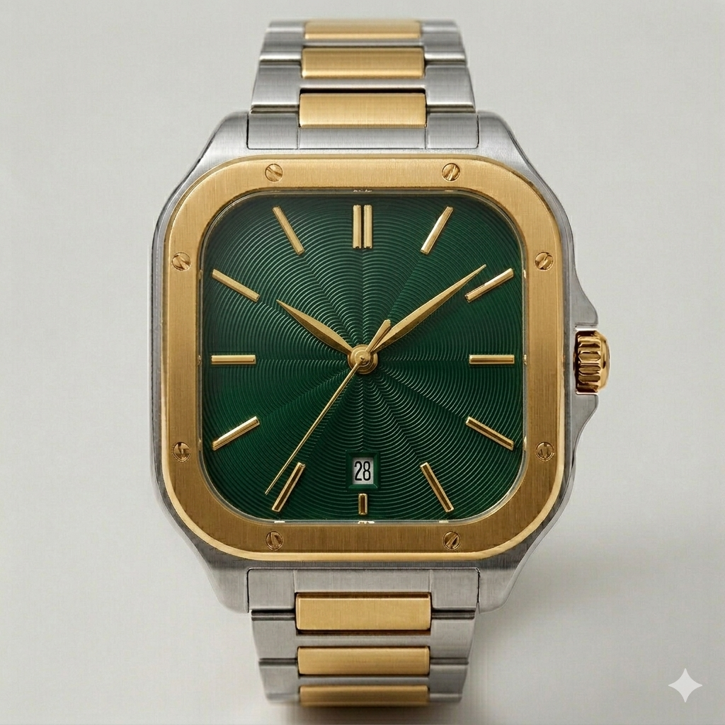 Square Green Dial Watch – Two-Tone Steel Strap