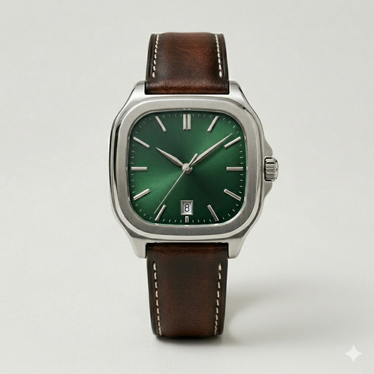 Square Green Dial Watch – Brown Leather Strap