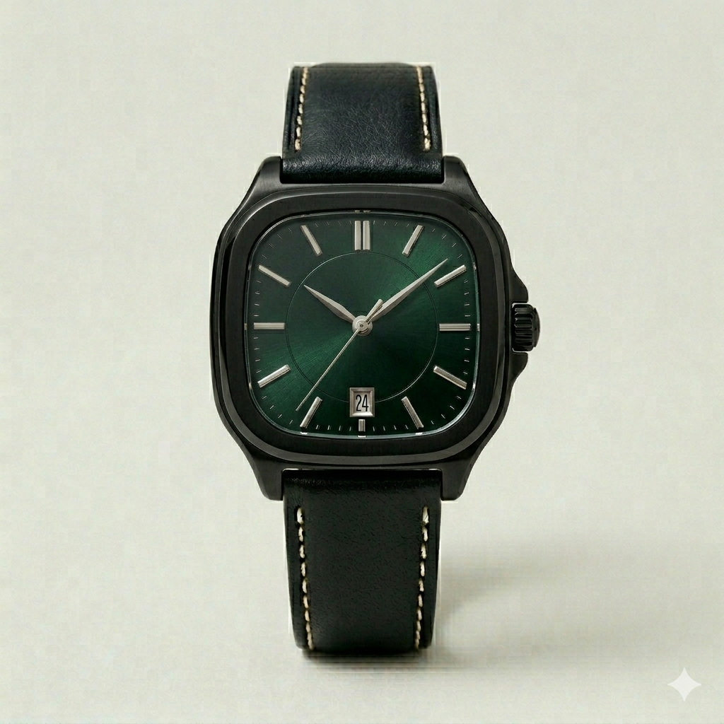 Square Green Dial Watch – Black Leather Strap