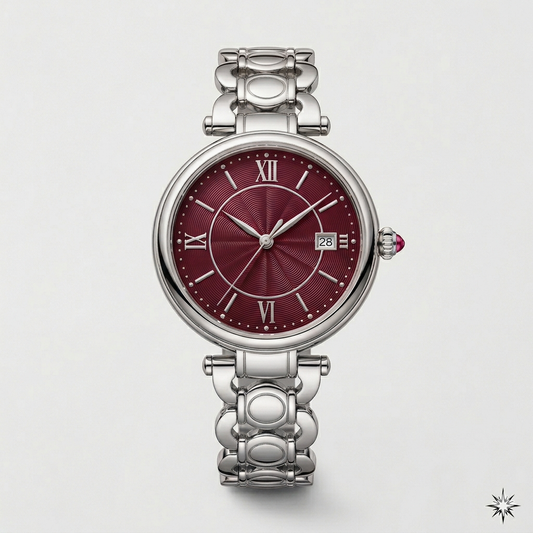 Round Red Dial Watch – Silver Metal Strap