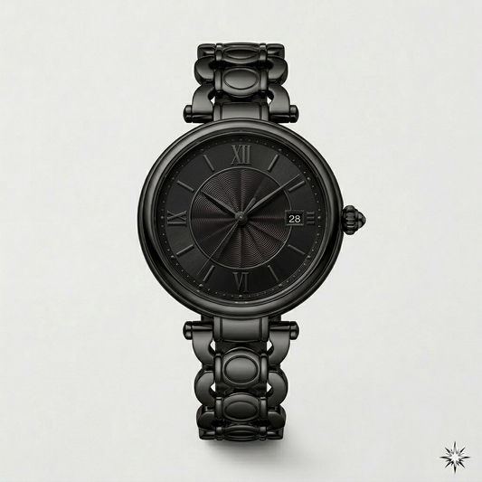 Round Black Dial Watch – Metal Link Strap