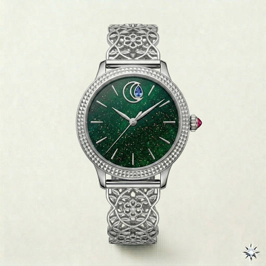 Celestia Emerald Dial Watch – Silver Filigree Edition