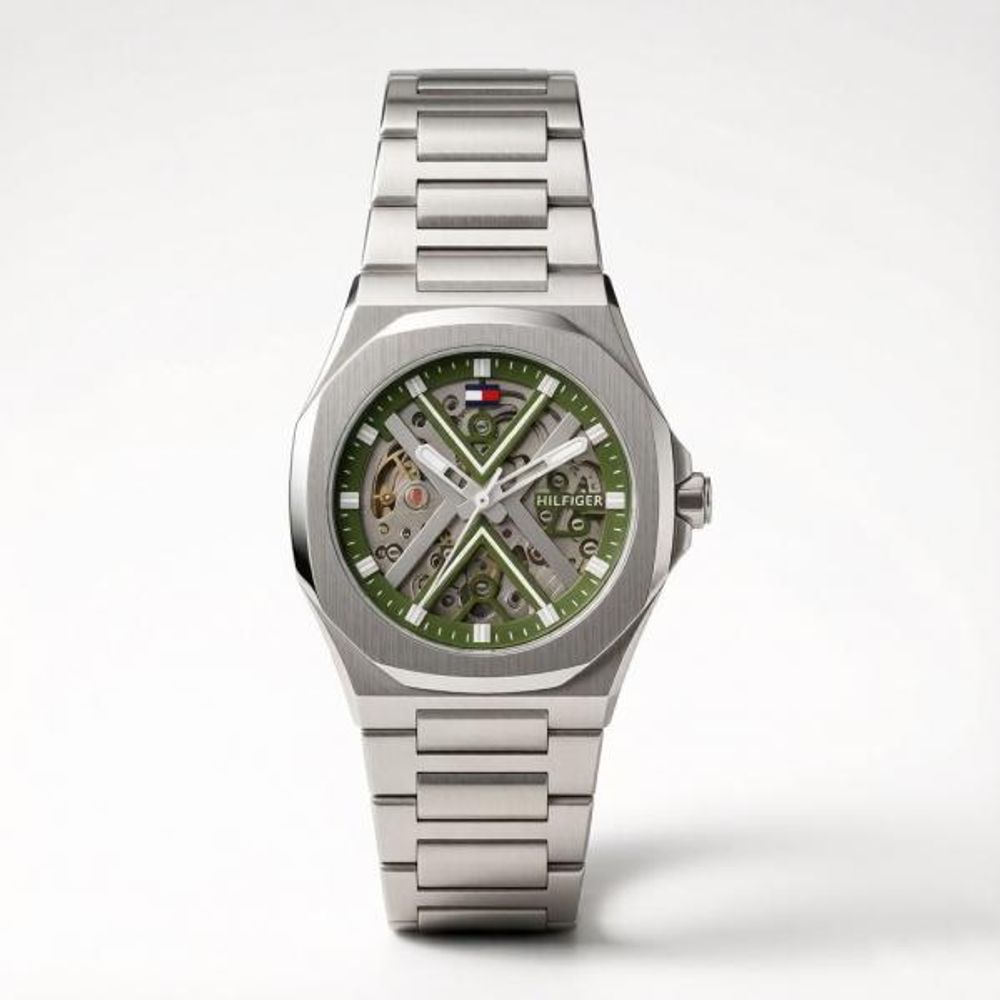 Tommmy Hilfige_r Skeleton Automatic Silver-Green
